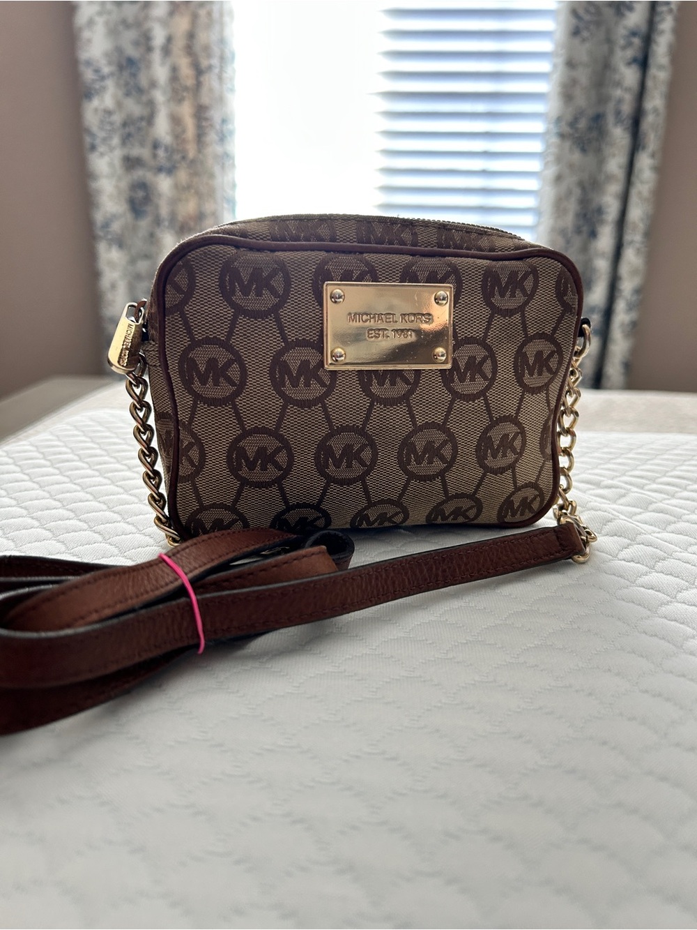 Michael Kors Brown Logo-Print Crossbody Bag with Gold Plate